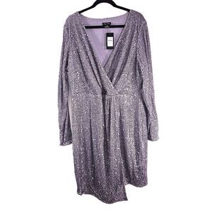City Chic Razzle Sequin Wrap Dress L/20 Metallic Silver Long Sleeve Party NWT